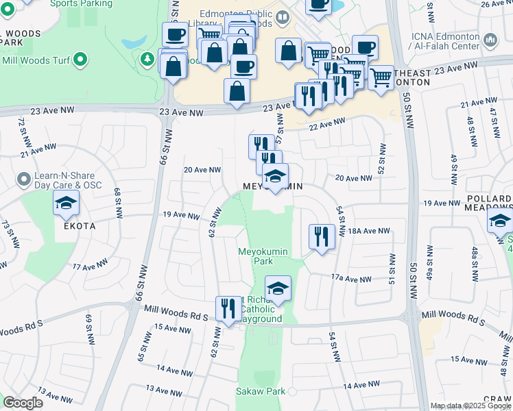 map of restaurants, bars, coffee shops, grocery stores, and more near 5811 19A Avenue Northwest in Edmonton
