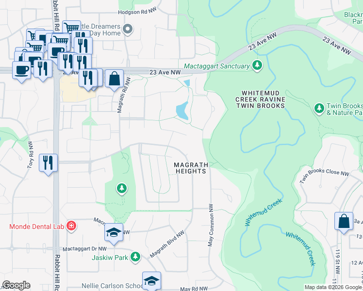 map of restaurants, bars, coffee shops, grocery stores, and more near 286 Magrath Boulevard Northwest in Edmonton