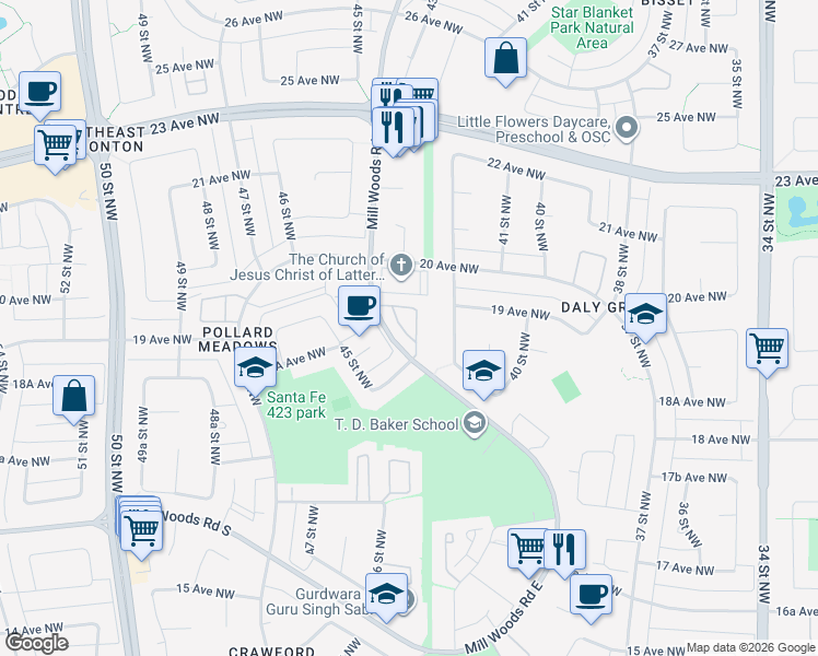 map of restaurants, bars, coffee shops, grocery stores, and more near in Edmonton