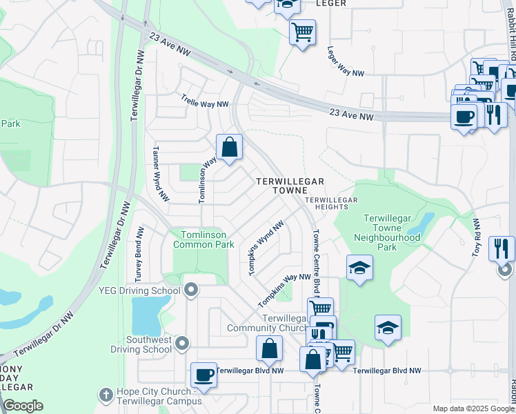 map of restaurants, bars, coffee shops, grocery stores, and more near 1836 Tufford Way Northwest in Edmonton