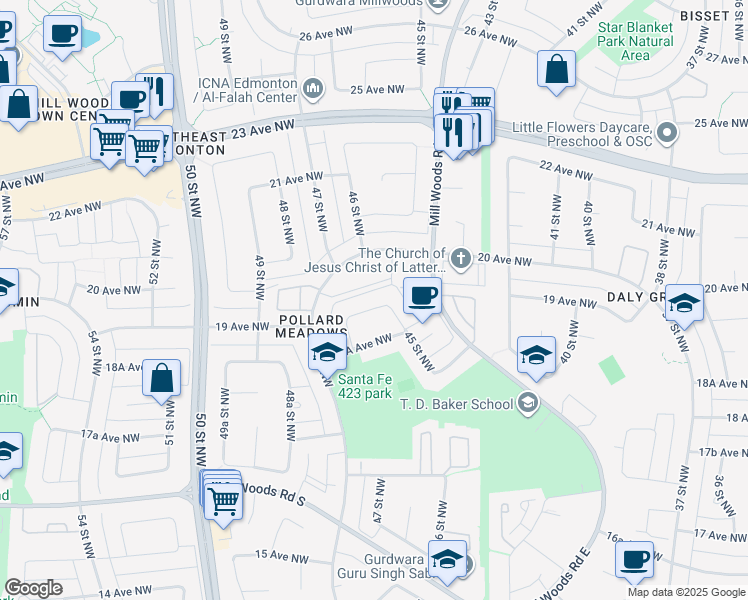 map of restaurants, bars, coffee shops, grocery stores, and more near 4512 19 Avenue Northwest in Edmonton