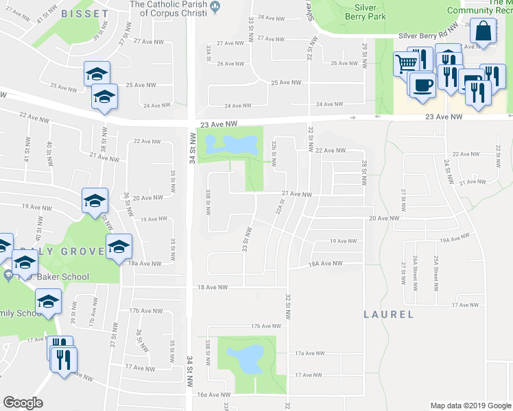 map of restaurants, bars, coffee shops, grocery stores, and more near 2020 33 Street Northwest in Edmonton