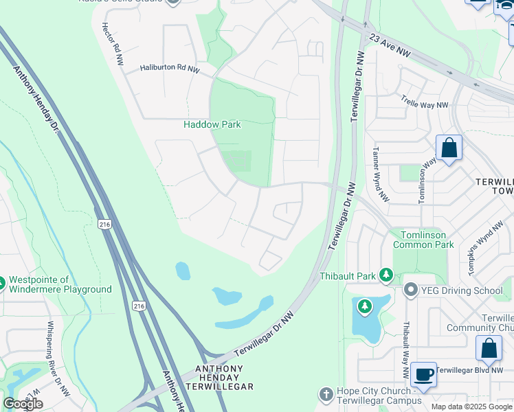 map of restaurants, bars, coffee shops, grocery stores, and more near Hanna Crescent Northwest in Edmonton