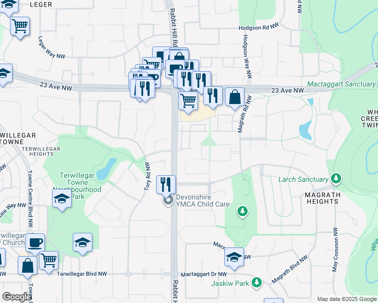 map of restaurants, bars, coffee shops, grocery stores, and more near 2003 Rabbit Hill Road Northwest in Edmonton