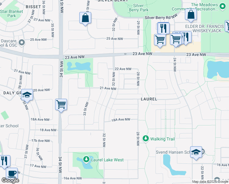map of restaurants, bars, coffee shops, grocery stores, and more near 2023 32 Street Northwest in Edmonton