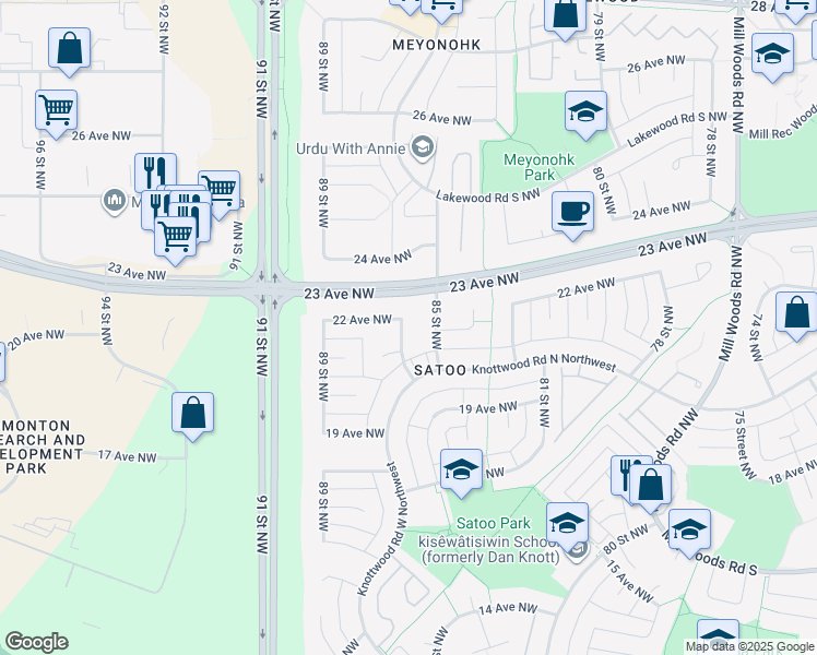map of restaurants, bars, coffee shops, grocery stores, and more near 2107 86 Street Northwest in Edmonton