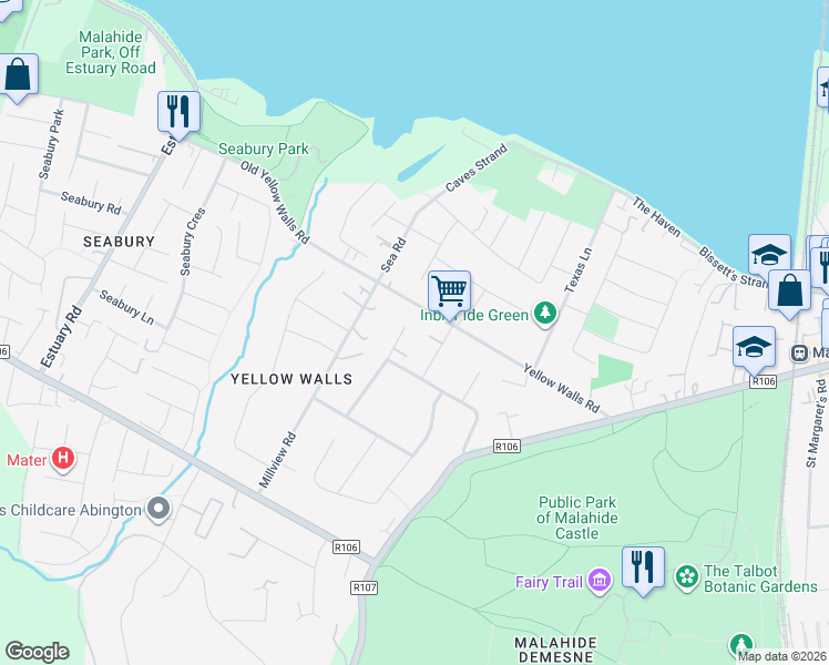 map of restaurants, bars, coffee shops, grocery stores, and more near 109 Árd Na Mara in Malahide
