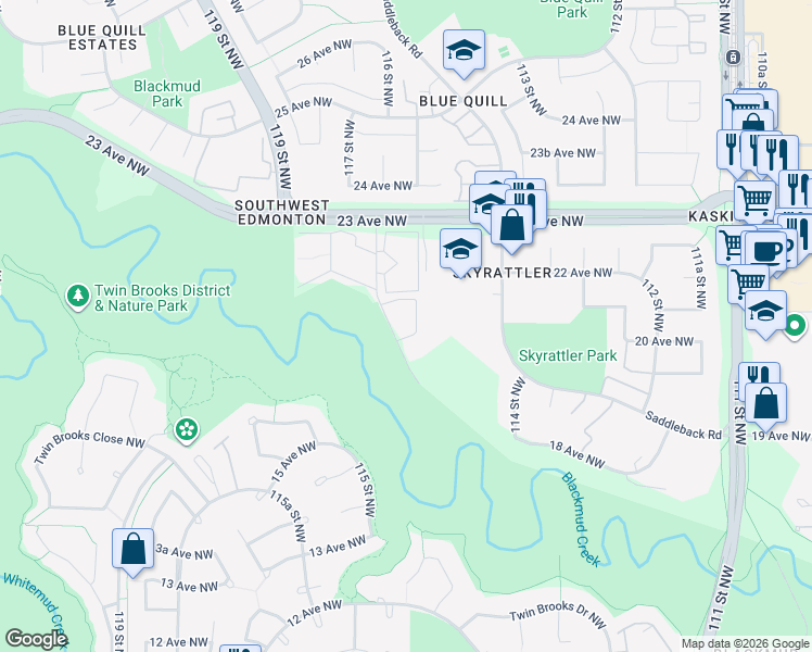 map of restaurants, bars, coffee shops, grocery stores, and more near 2115 118 Street Northwest in Edmonton