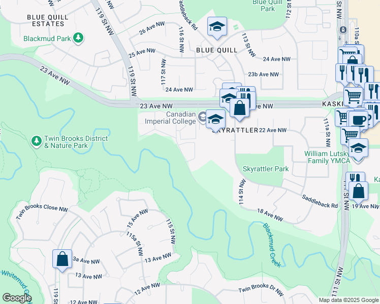 map of restaurants, bars, coffee shops, grocery stores, and more near 2115 118 Street Northwest in Edmonton