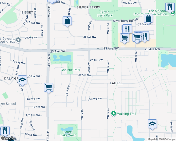 map of restaurants, bars, coffee shops, grocery stores, and more near 2124 32 Street Northwest in Edmonton