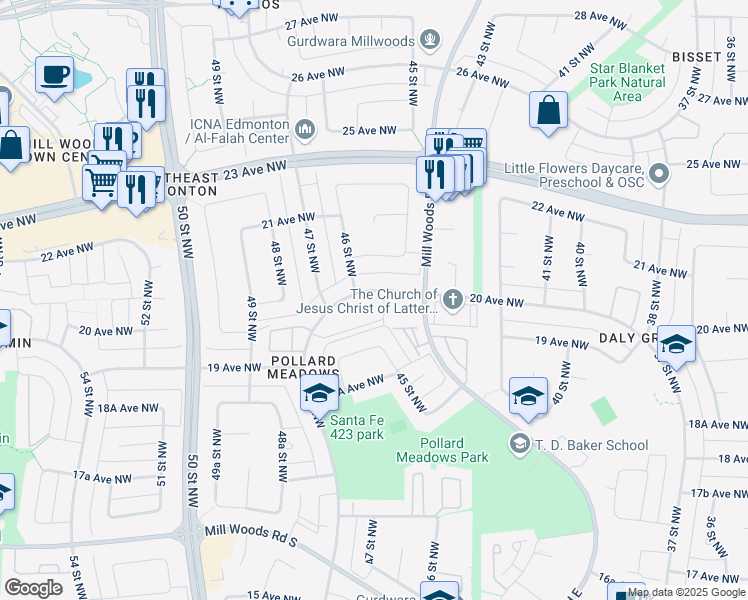 map of restaurants, bars, coffee shops, grocery stores, and more near 4507 20 Avenue Northwest in Edmonton