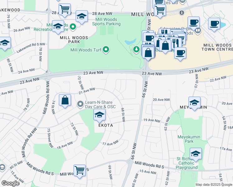 map of restaurants, bars, coffee shops, grocery stores, and more near 2105 68 Street Northwest in Edmonton