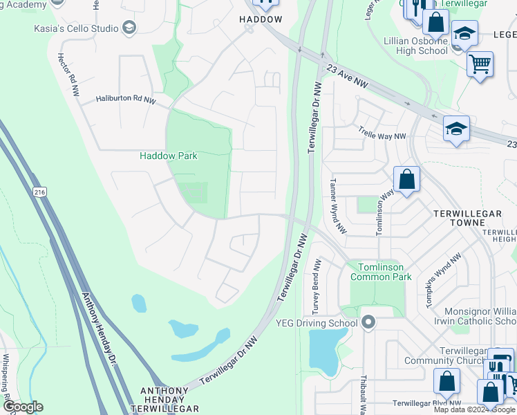 map of restaurants, bars, coffee shops, grocery stores, and more near 2181 Haddow Drive Northwest in Edmonton