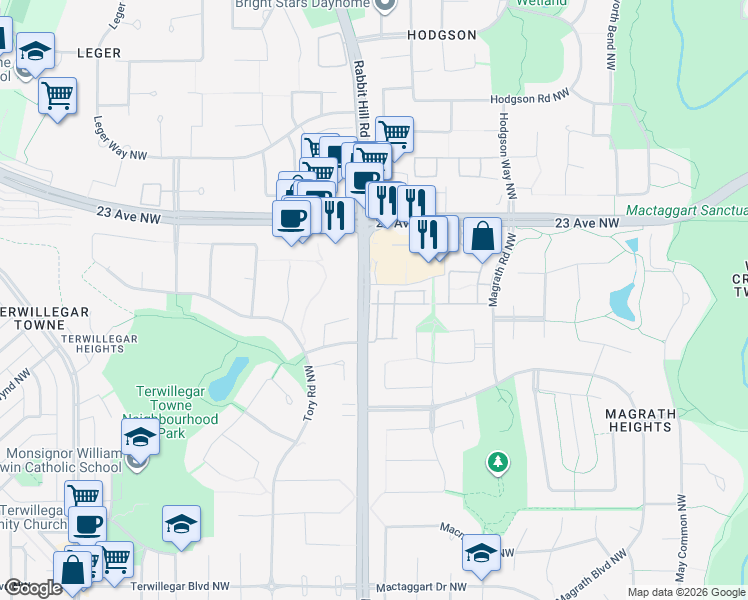 map of restaurants, bars, coffee shops, grocery stores, and more near 2003 Rabbit Hill Road Northwest in Edmonton