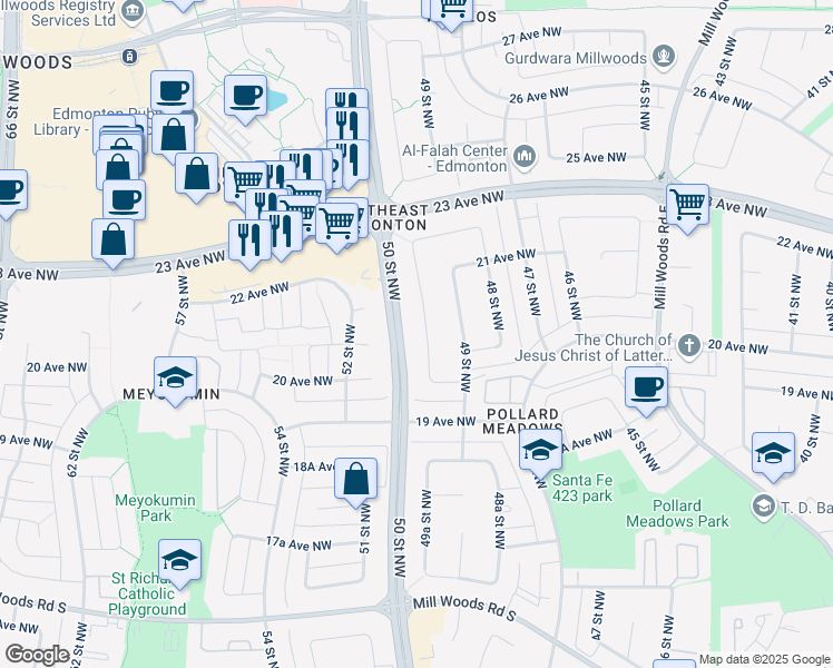 map of restaurants, bars, coffee shops, grocery stores, and more near 2040 49A Street Northwest in Edmonton