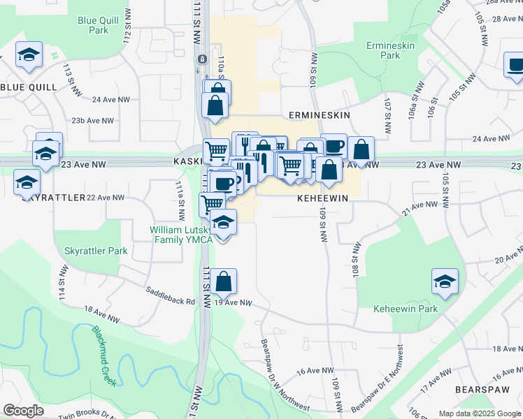 map of restaurants, bars, coffee shops, grocery stores, and more near 10945 21 Avenue Northwest in Edmonton