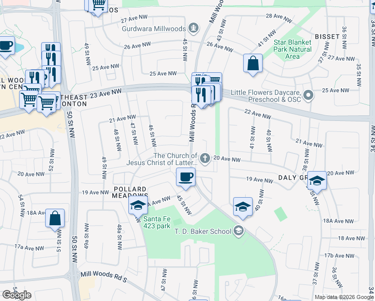 map of restaurants, bars, coffee shops, grocery stores, and more near 2021 Mill Woods Road East in Edmonton
