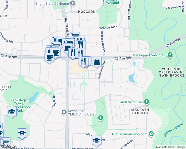 map of restaurants, bars, coffee shops, grocery stores, and more near 120 Magrath Road Northwest in Edmonton