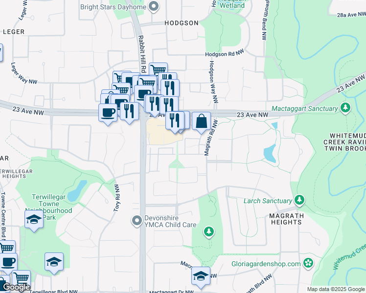 map of restaurants, bars, coffee shops, grocery stores, and more near 120 Magrath Road Northwest in Edmonton