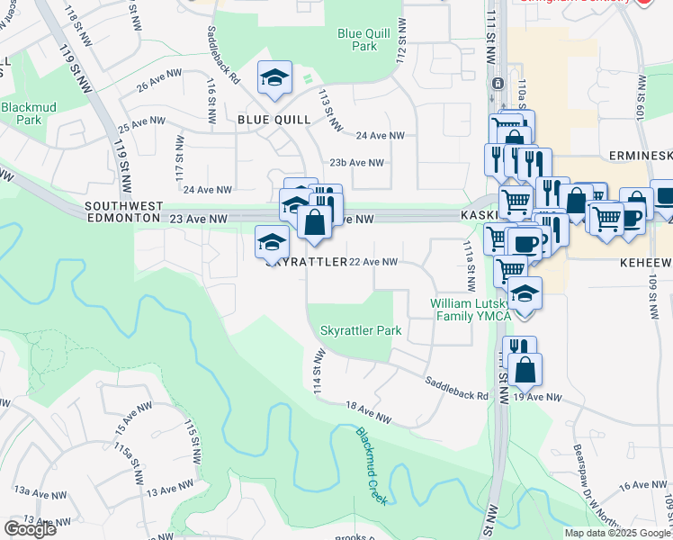 map of restaurants, bars, coffee shops, grocery stores, and more near 11439 22 Avenue Northwest in Edmonton