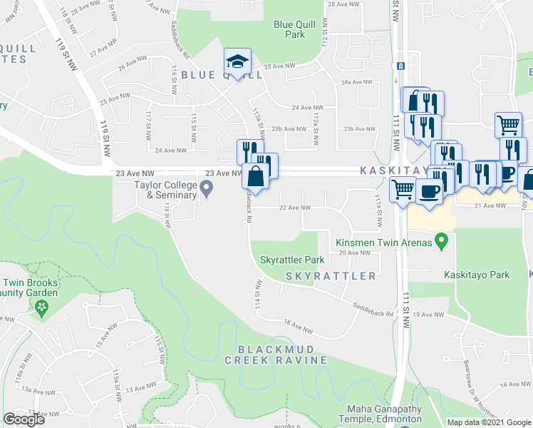 map of restaurants, bars, coffee shops, grocery stores, and more near 11431 22 Avenue Northwest in Edmonton