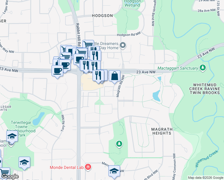 map of restaurants, bars, coffee shops, grocery stores, and more near 120 Magrath Road Northwest in Edmonton
