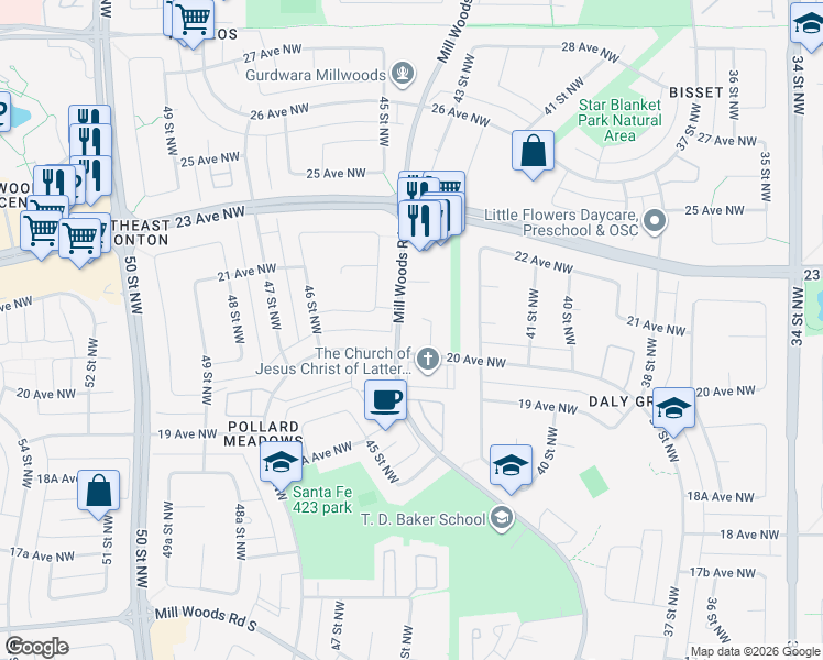 map of restaurants, bars, coffee shops, grocery stores, and more near 2021 Mill Woods Road East in Edmonton