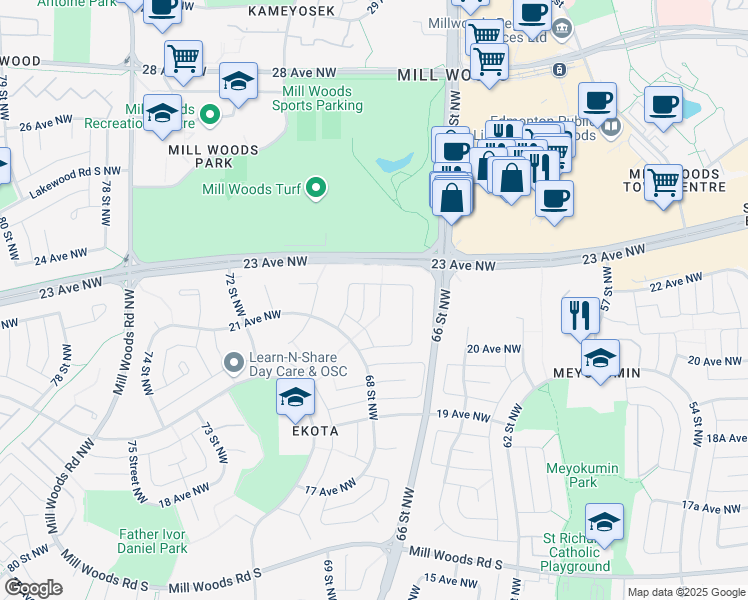 map of restaurants, bars, coffee shops, grocery stores, and more near 6733 22 Avenue Northwest in Edmonton