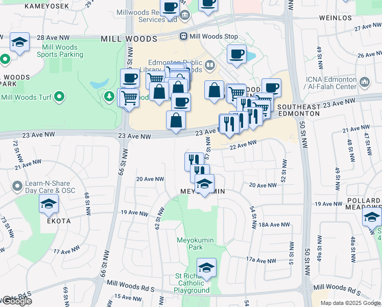 map of restaurants, bars, coffee shops, grocery stores, and more near 57 Street Northwest in Edmonton