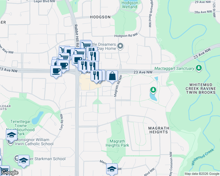 map of restaurants, bars, coffee shops, grocery stores, and more near 120 Magrath Road Northwest in Edmonton