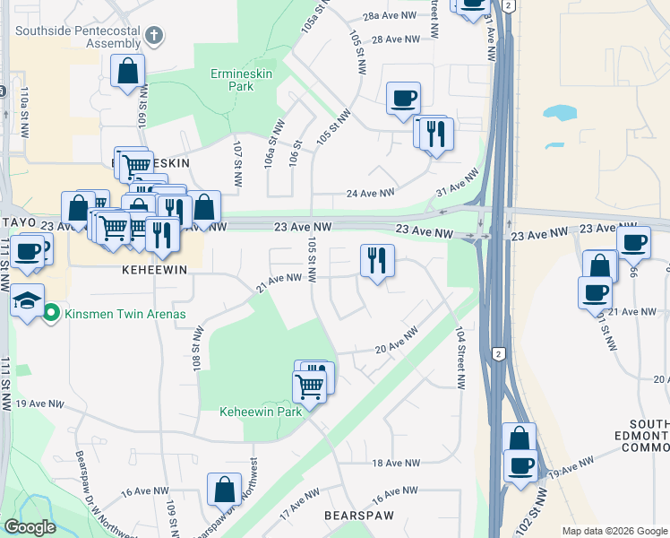 map of restaurants, bars, coffee shops, grocery stores, and more near 2103 104B Street Northwest in Edmonton