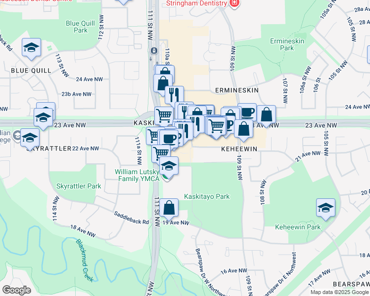 map of restaurants, bars, coffee shops, grocery stores, and more near 2051 111 Street Northwest in Edmonton