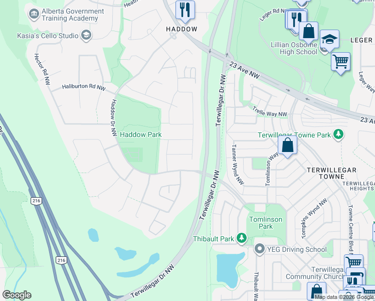 map of restaurants, bars, coffee shops, grocery stores, and more near 2424 Hagen Way in Edmonton