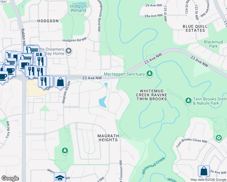 map of restaurants, bars, coffee shops, grocery stores, and more near 7570 May Common Northwest in Edmonton