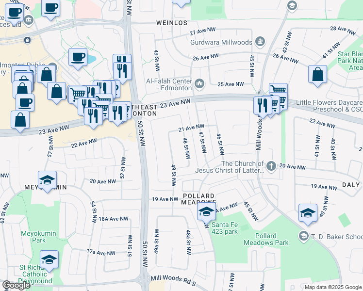 map of restaurants, bars, coffee shops, grocery stores, and more near 2040 48 Street Northwest in Edmonton