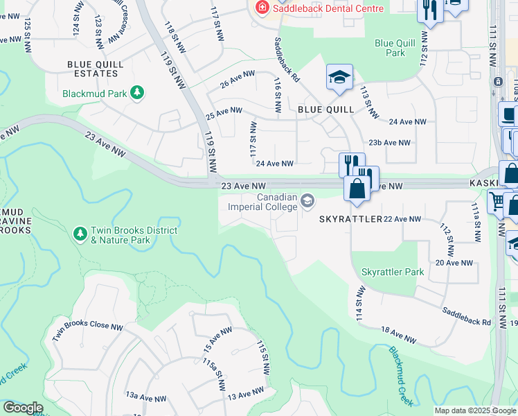 map of restaurants, bars, coffee shops, grocery stores, and more near 2204 118 Street Northwest in Edmonton