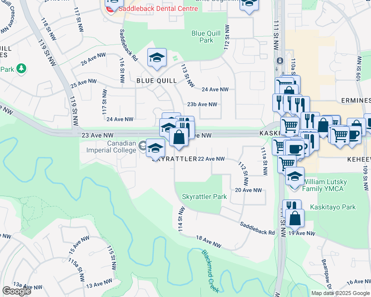 map of restaurants, bars, coffee shops, grocery stores, and more near 11431 22 Avenue Northwest in Edmonton