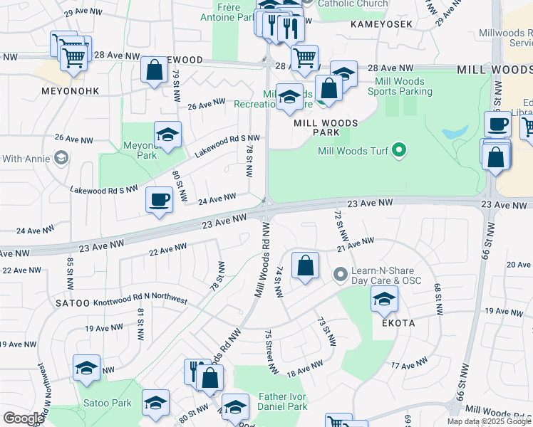 map of restaurants, bars, coffee shops, grocery stores, and more near 23 Ave NW & Mill Woods Rd NW in Edmonton