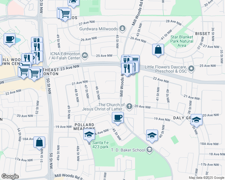 map of restaurants, bars, coffee shops, grocery stores, and more near 2008 45 Street Northwest in Edmonton