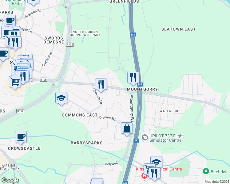 map of restaurants, bars, coffee shops, grocery stores, and more near Malahide Road in Swords