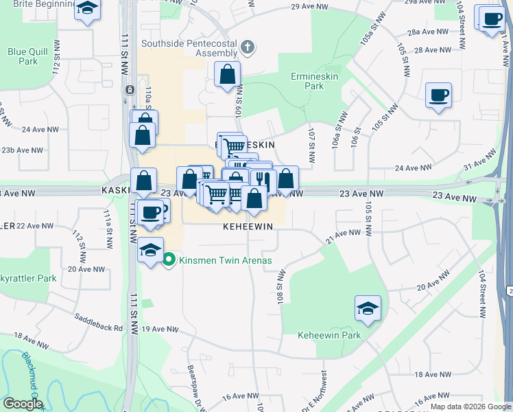 map of restaurants, bars, coffee shops, grocery stores, and more near 10871 23 Avenue Northwest in Edmonton