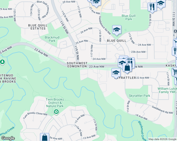 map of restaurants, bars, coffee shops, grocery stores, and more near 11619 24 Avenue Northwest in Edmonton