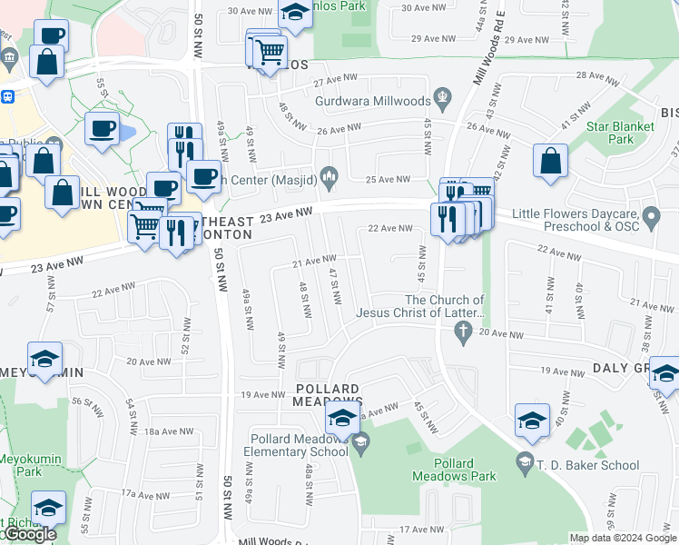 map of restaurants, bars, coffee shops, grocery stores, and more near 2051 47 Street Northwest in Edmonton