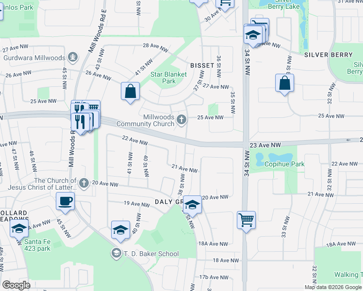 map of restaurants, bars, coffee shops, grocery stores, and more near 3904 22 Avenue Northwest in Edmonton