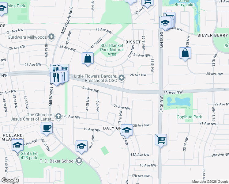 map of restaurants, bars, coffee shops, grocery stores, and more near 3904 22 Avenue Northwest in Edmonton