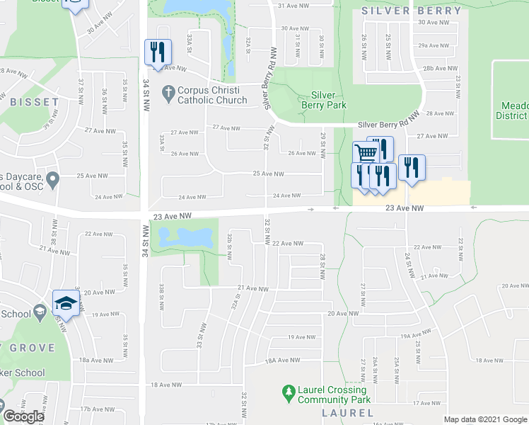 map of restaurants, bars, coffee shops, grocery stores, and more near 2727 23 Avenue Northwest in Edmonton