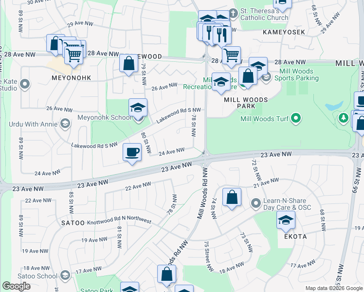 map of restaurants, bars, coffee shops, grocery stores, and more near 7820 24 Avenue Northwest in Edmonton