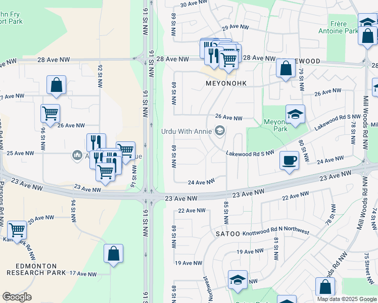 map of restaurants, bars, coffee shops, grocery stores, and more near 2511 89 Street Northwest in Edmonton