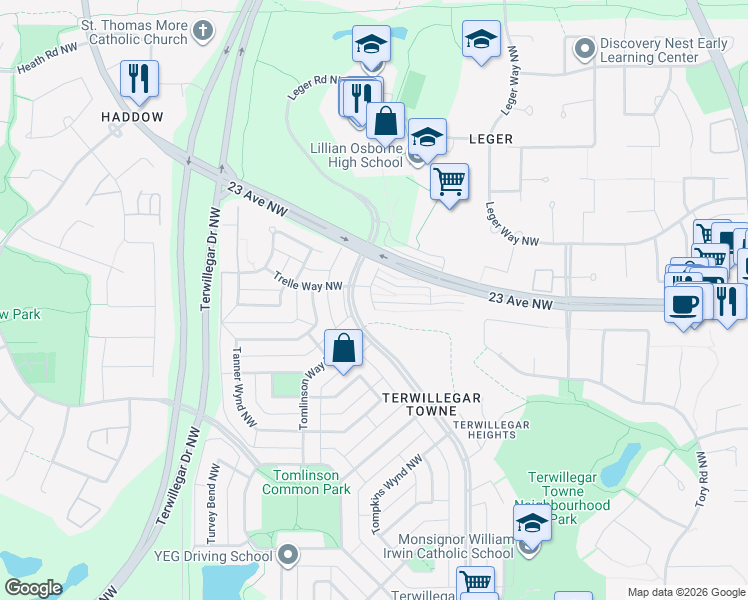 map of restaurants, bars, coffee shops, grocery stores, and more near 2051 Towne Centre Boulevard Northwest in Edmonton