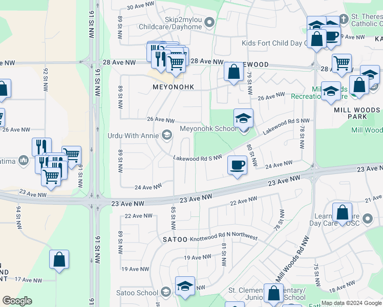 map of restaurants, bars, coffee shops, grocery stores, and more near 1828 Lakewood Road South Northwest in Edmonton